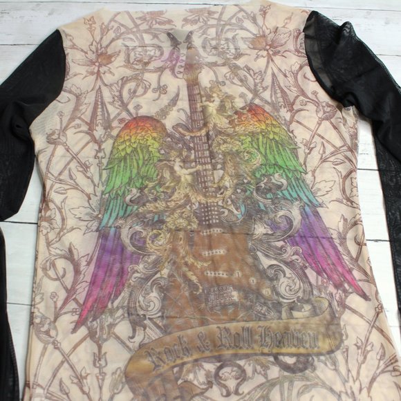 Vintage Womens Graphic Mesh T Shirt Top Size L Tattoo Art Guitar Wings - Picture 7 of 7